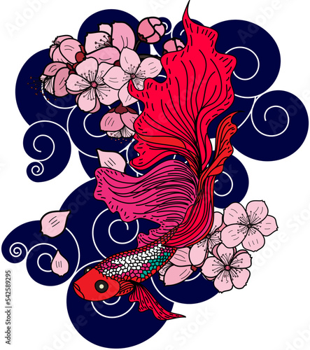 Hand drawn beta fish and sakura vector isolate on white background. colorful Japanese tattoo with red sun and cloud design.