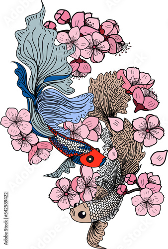 Hand drawn beta fish and sakura vector isolate on white background. colorful Japanese tattoo with red sun and cloud design.