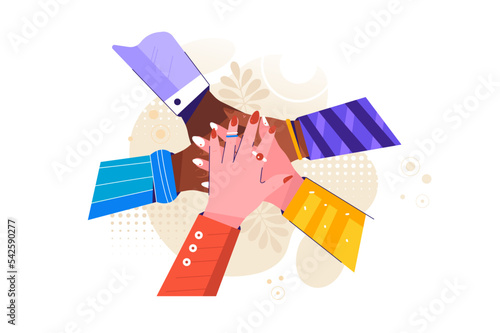  Hands of diverse group of people putting together. Concept of cooperation, unity, togetherness