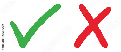 Hand drawn of Green check mark and Red cross isolated. Right and wrong icon. Vector illustration.