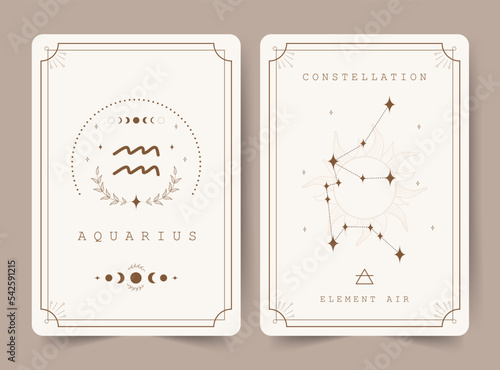 Aquarius. Witchcraft cards with astrology zodiac sign and constellation. Perfect for tarot readers and astrologers. Occult magic background. Horoscope template. Vector illustration in boho style.