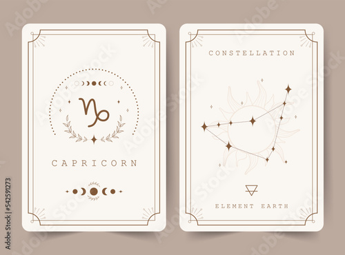 Capricorn. Witchcraft cards with astrology zodiac sign and constellation. Perfect for tarot readers and astrologers. Occult magic background. Horoscope template. Vector illustration in boho style.