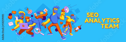 SEO analytics team banner template. Contemporary vector illustration of creative people making announcement in megaphone, doing research with magnifier, working on laptop and tab, making presentation