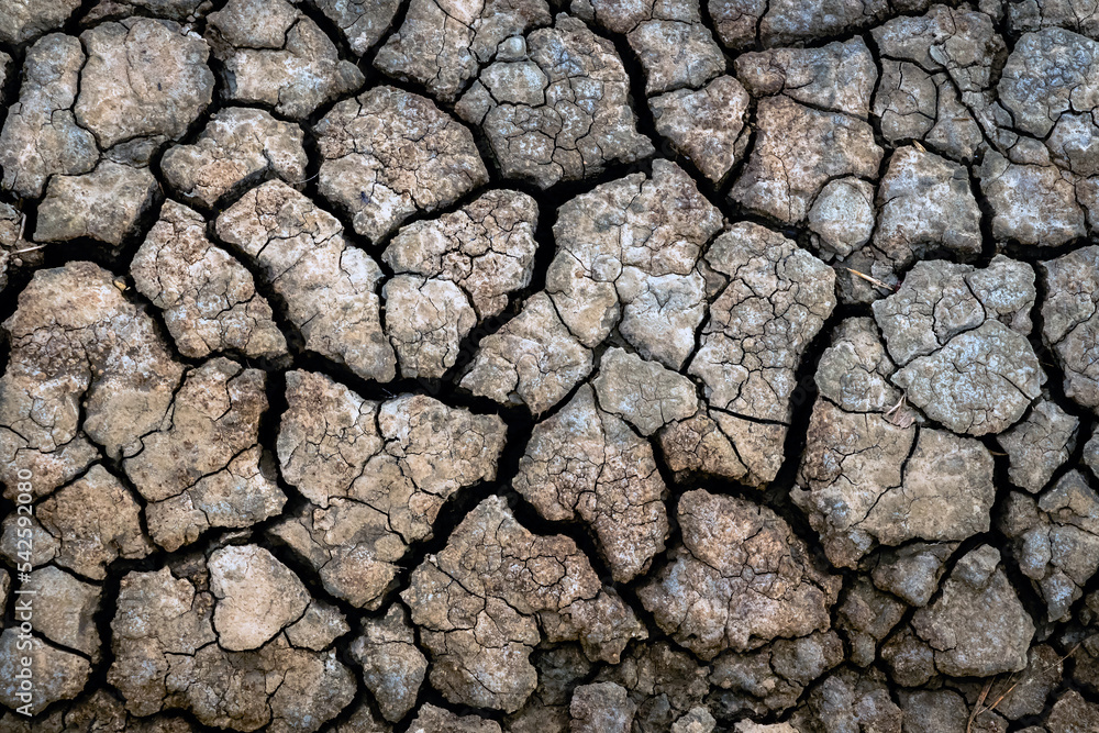 Dry soil surface with deep cracks textured background. Dried and