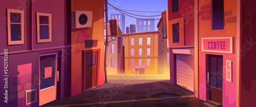 Quiet city street corner, sunset or sunrise urban cityscape background with buildings back exit doors, windows, old walls and view on central illuminated road, Cartoon vector game or book illustration