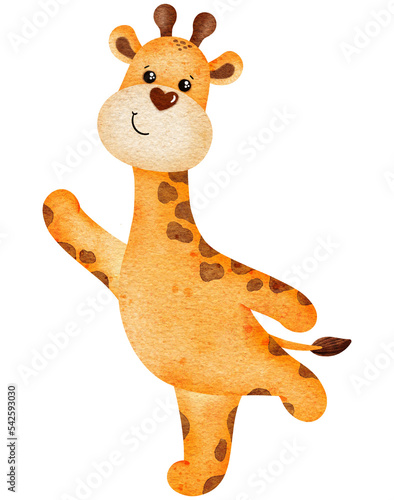 Watercolor cute giraffe cartoon design character 