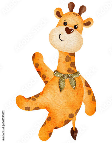 Watercolor cute giraffe cartoon design character 