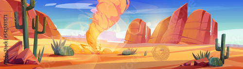 Desert of Africa or Wild West Arizona natural landscape. Cartoon panoramic background with whirlwind and tumbleweed, game location with yellow sand, cacti, rocks under blue sky, vector illustration
