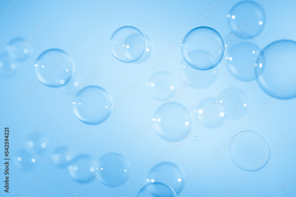 Abstract Beautiful Transparent Blue Soap Bubbles Background. Freshness Soap Sud Bubbles Water.