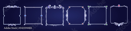 Set of square ui game frames, textured medieval borders of silver or steel metal with gems. Cartoon empty metallic bordering with gemstones, isolated design gui elements, Vector illustration