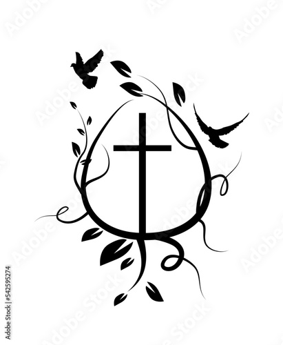 Happy easter. Cross egg and birds. Easter card. Holiday symbol. Vector illustration
