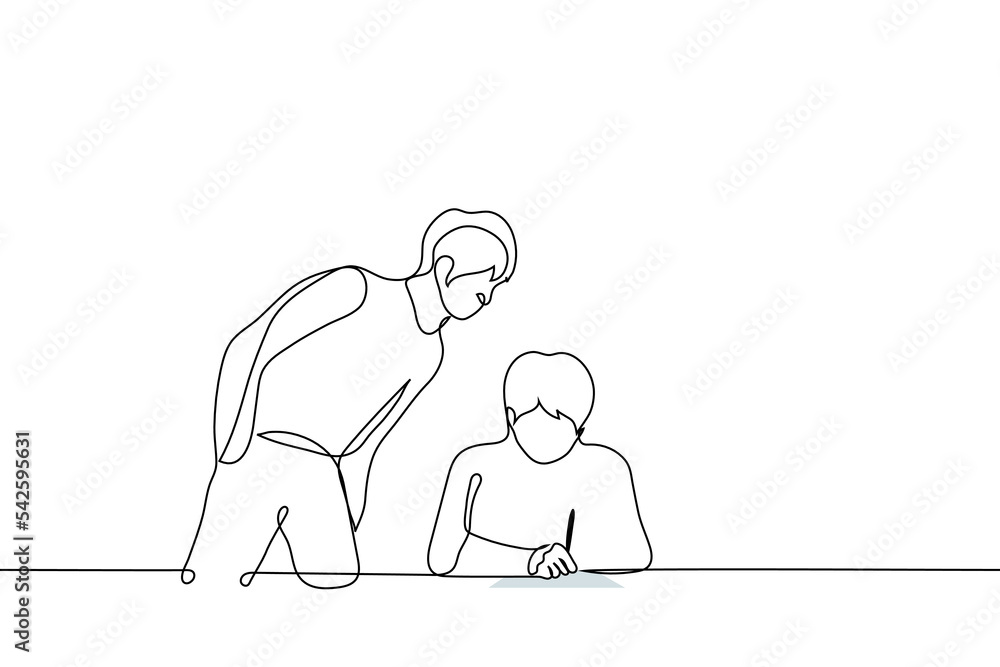 man leaned over and looks at what the man sitting at the table is writing - one line drawing vector. concept peek or check man leaned over and looks at what the man sitting at the table is writing - one line drawing vector. concept peek or check