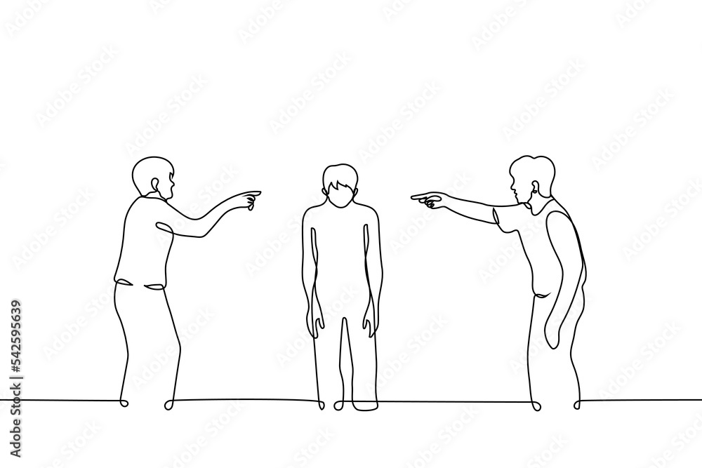 man is surrounded by people pointing fingers at him one line drawing