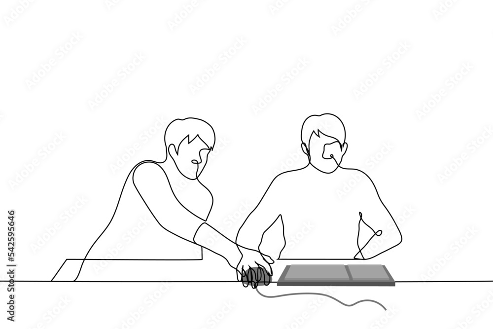 man directs the mouse of an annoyed person who is sitting at the computer and is already holding this mouse - one line drawing vector. concept to guide, teach, instruct