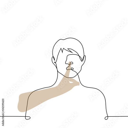 talking man put index finger to his mouth - one line drawing vector. concept shut your mouth, call for silence