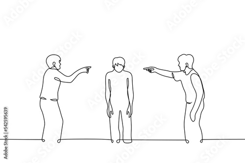man is surrounded by people pointing fingers at him - one line drawing vector. concept bullying photo