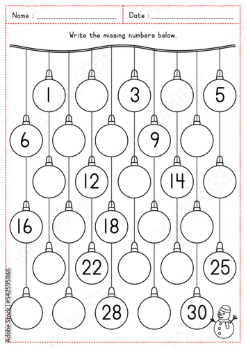 Christmas Theme Printable - Missing Numbers 1-30