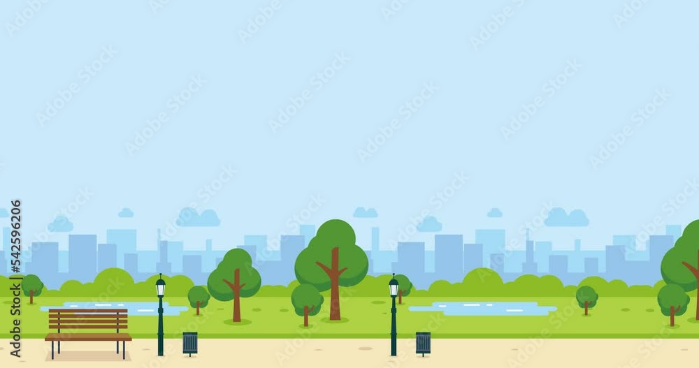 animated cute little cartoon green garden background with park bench under screen