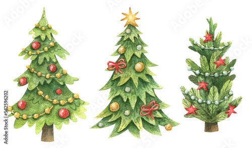 Hand drawn watercolor Christmas tree decorated with garlands  balls and gifts. Christmas illustration isolated on white background