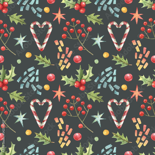 Christmas, New Year in vintage style with hand drawn watercolor illustrations. Fireworks, candy cane, leaves, berries, stars seamless pattern. dark background.