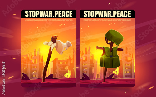 Set of stop war cartoon banners. Vector illustration of destroyed city buildings on fire and soldier grave with body armor on cross, white flag on pole. Collection of flyers calling for peace in world