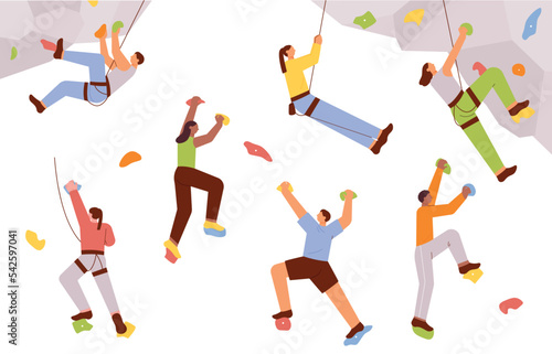 Many people are doing indoor rock climbing. flat vector illustration.