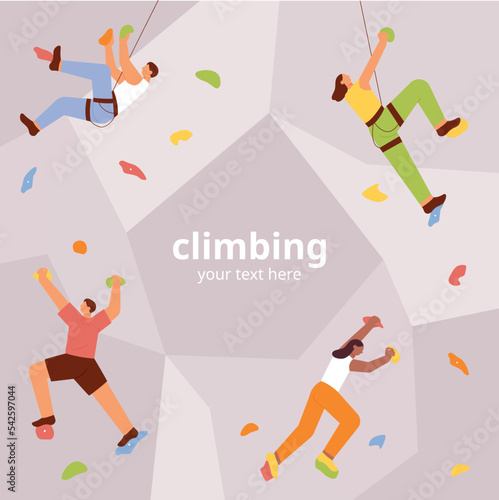 People are climbing each indoor rock wall. flat vector illustration.