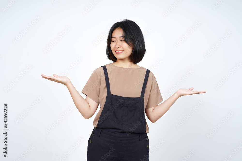 Showing and Presenting Two Product on Open Palm of Beautiful Asian Woman Isolated On White Showing and Presenting Two Product on Open Palm of Beautiful Asian Woman Isolated On White