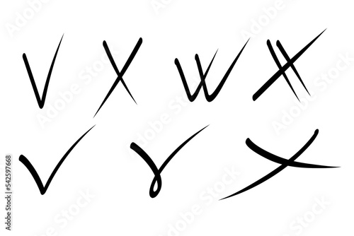 Checkmark cross sign. Marker hand drawn check marks answers in test, confirmation, negation icons. Checklist brush marks template, voting set. Vector flat illustration isolated on white.