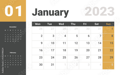 Monthly Calendar Template of january 2023. Vector layout simple calendar with week start monday.