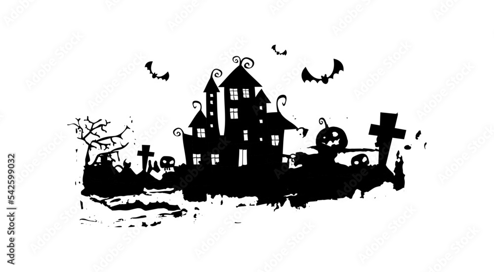 Bats, spooky trees and mysterious house. Halloween background.	