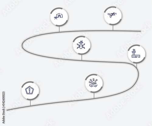 infographic element with public transportation outline icons. included watercraft, campsite, military helicopter bottom view, air traffic controller, precaution, carsharing vector.