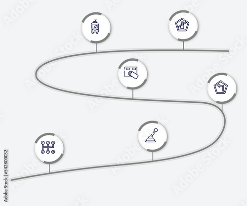 infographic element with car repair outline icons. included no liquid, trolley bus, access control, left turn, manual transmission, gearshift vector.