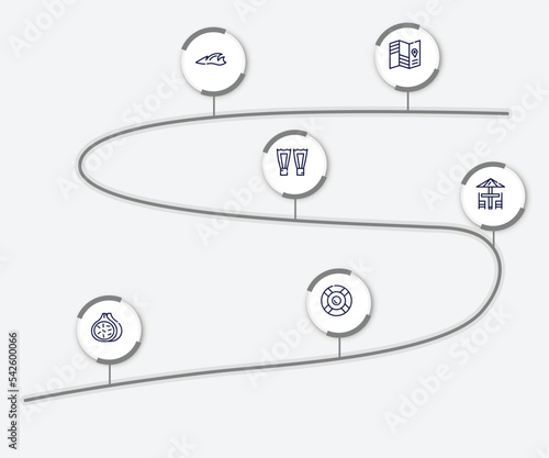 infographic element with summer outline icons. included travel guide, ocean, fins, terrace, fig, rubber ring vector.