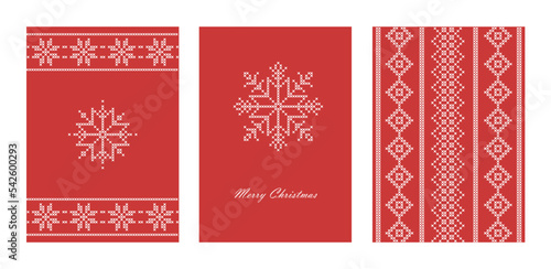 Christmas embroidery cross stitch design, st of three red and white folk art vector templates