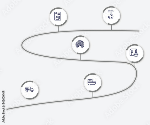 infographic element with logistics delivery outline icons. included use hooks, dispatch note, airdrop, add package, fast transport, sea ship vector.