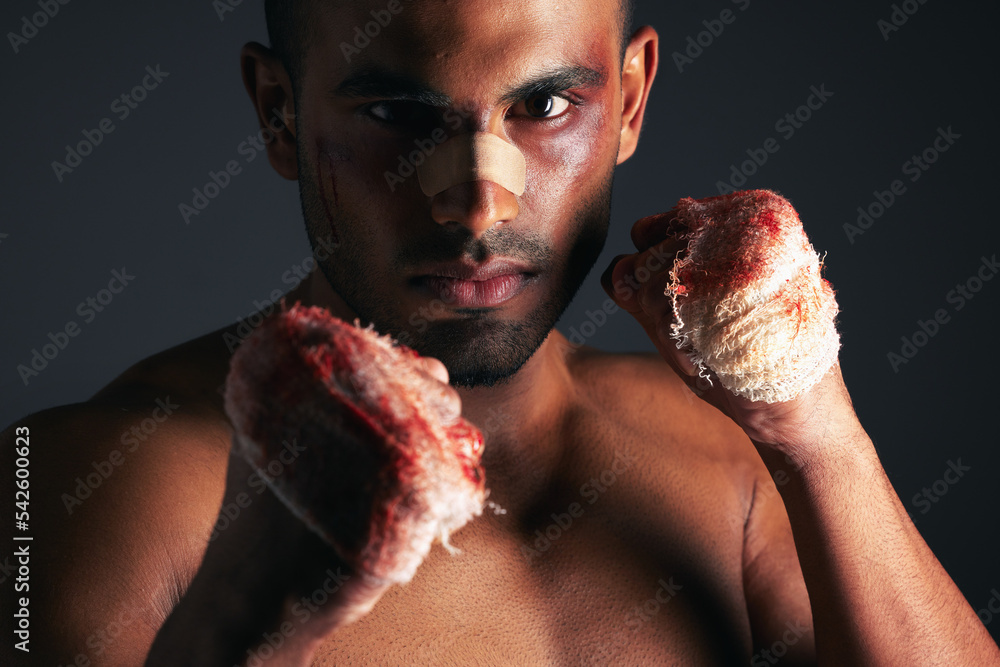 Man, face and blood fist fight with first aid bandages for fighting injury after boxing match. Angry mma athlete boxer, strong bloody hands and fight stand for sports competition in dark background - obrazy, fototapety, plakaty 