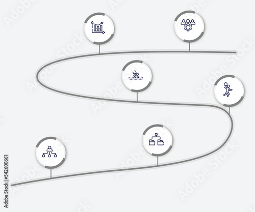 infographic element with business and charts outline icons. included team management, analytic chart, waterpolo, handball, org, diagram folder vector.