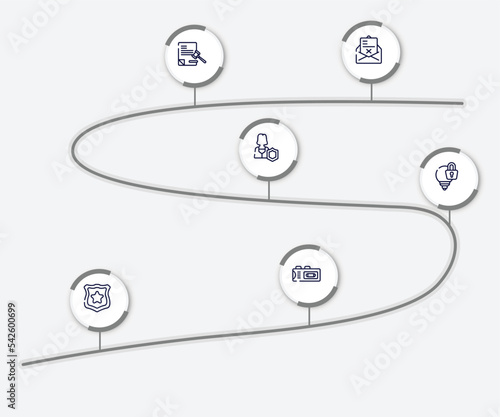 infographic element with law and justice outline icons. included crime letter, legal paper, custody, intellectual property, police badge, recorder vector.
