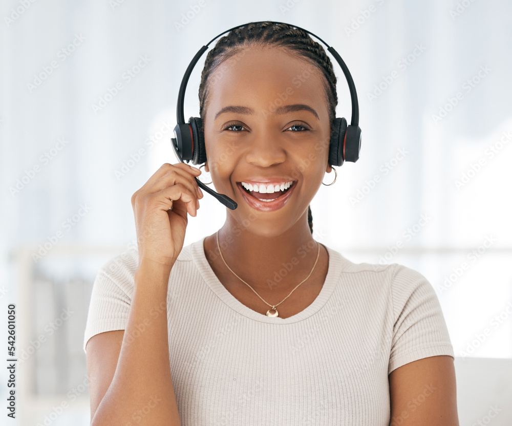 Call center, telemarketing and black woman in customer service office with headset, smile and happiness. Face of female contact us, CRM and sales consultant with a smile for to talk, support and help - obrazy, fototapety, plakaty 