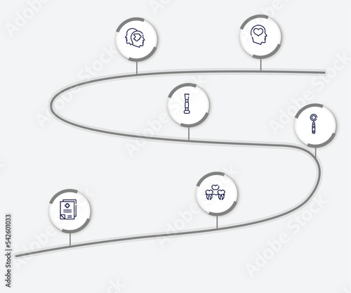 infographic element with dentist outline icons. included mental health, psychologist, prosthesis, mouth mirror, medical records, denture vector.
