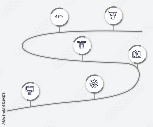 infographic element with kindergarten outline icons. included fans, hand puppet, basketball gear, theory, basketball equipment, whirligig vector.