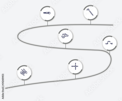 infographic element with tools outline icons. included crowbar, null, electric saw, brace, jackknife, wheelbrace vector.