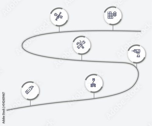 infographic element with hand drawn construction outline icons. included tiles detail of construction, screwdriver and doble wrench, work tools cross, null, paper cutter, crane holding construction