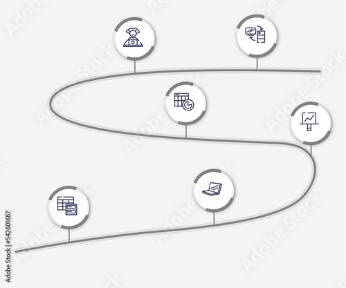 infographic element with modern screen outline icons. included server client exchange, computer worker, spreadsheet chart, screen canvas, data spreadsheet, laptop in perspective vector.