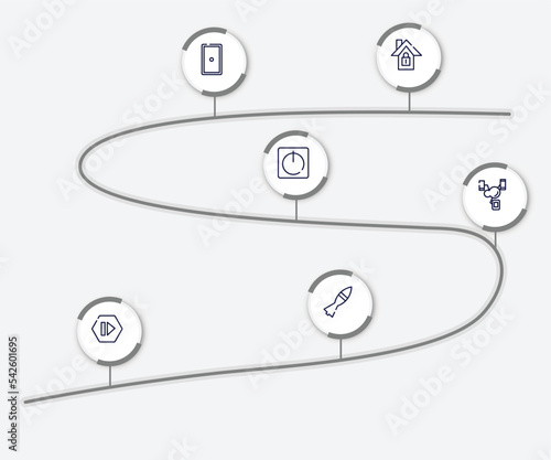 infographic element with computer and media outline icons. included home lock, grip, standby, power button, synchronized devices, forward media step, missile war weapon vector.