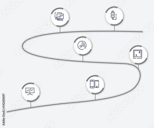 infographic element with modern screen outline icons. included usb plug, notebook double tool image, rss updates subscription, number 3 key on keyboard, flatscreen tv, screens modern variety vector.
