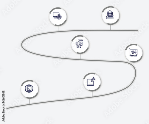 infographic element with web development outline icons. included learning, computer tings, keylogger, sound card, processor, edit tool vector.