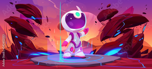 Kid astronaut standing on teleport portal at alien planet landscape with glow rocks. Space game colonization mission with cute cartoon cosmonaut Interstellar travel in far galaxy, Vector illustration