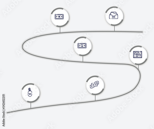 infographic element with office suppliers outline icons. included data mining, film strip, online money, visitor, influencer, wrap vector.